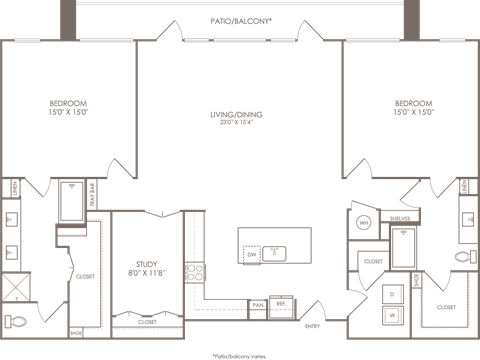 Floor plan for 2 beds, 2 baths, 1832 sqft